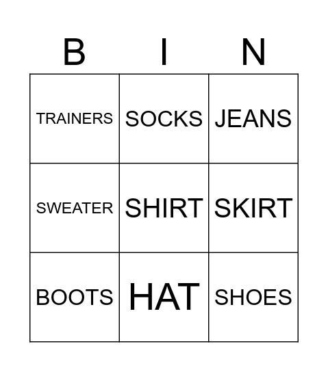 Clothes BINGO Card