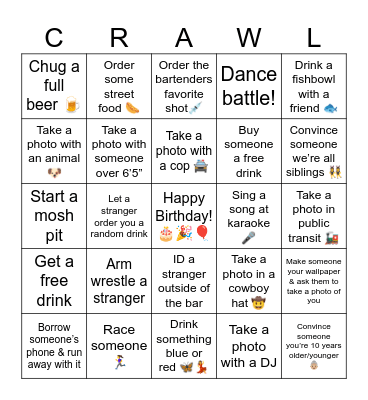 Bar Crawl Bingo! Bingo Card