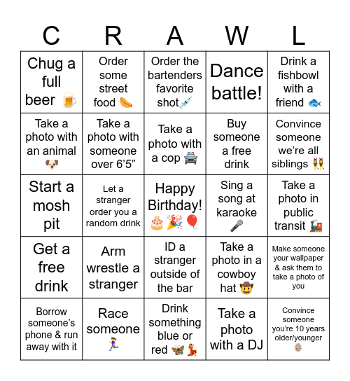 Bar Crawl Bingo! Bingo Card