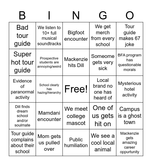 College tour BINGO Card