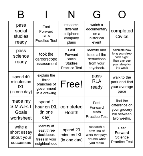 GED Vacation Weeks Bingo Card