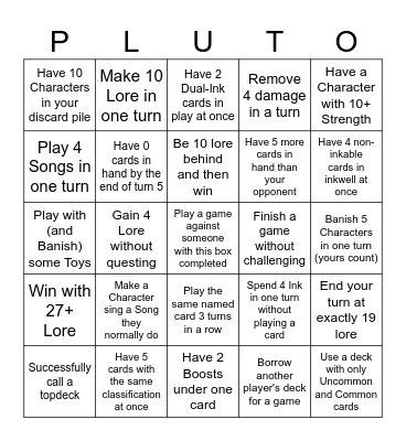 Lorcana League PLUTO AoV 1 Bingo Card