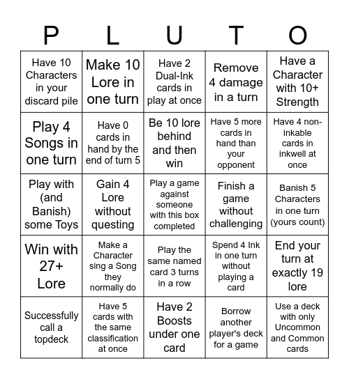Lorcana League PLUTO AoV 1 Bingo Card