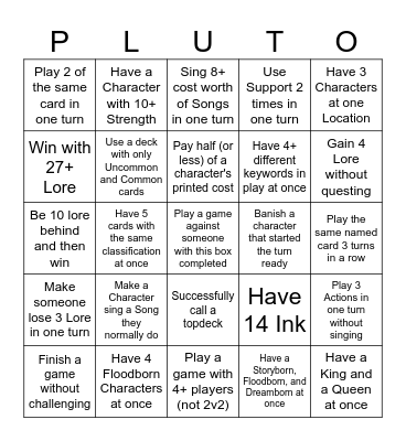 Lorcana League PLUTO AoV 2 Bingo Card