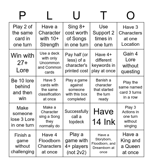 Lorcana League PLUTO AoV 2 Bingo Card