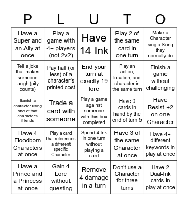 Lorcana League PLUTO AoV 3 Bingo Card