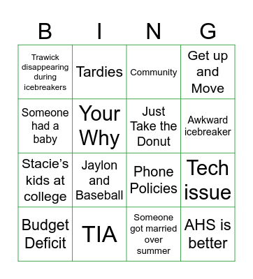 AHS Back to School Bingo Card