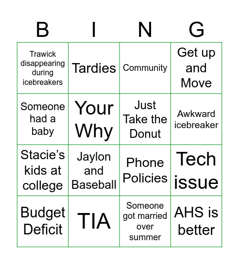 AHS Back to School Bingo Card