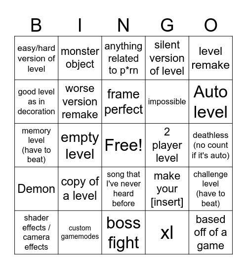 geometry dash recent tab Bingo Card