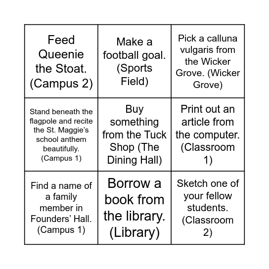 St. Maggie Scavenger Hunt Bingo Card