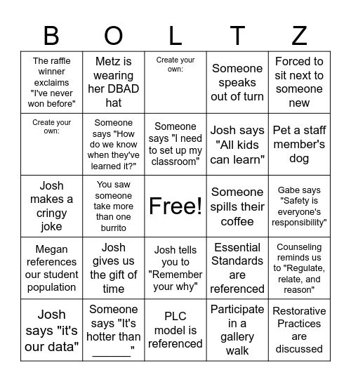 Boltz Staff Bingo Card