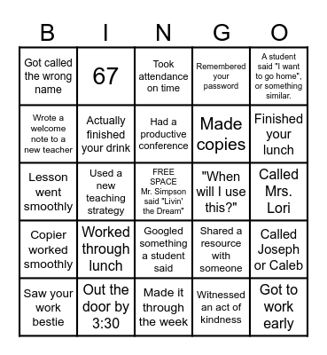 First Week Bingo Card