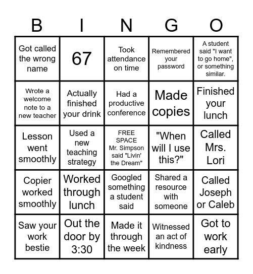 First Week Bingo Card