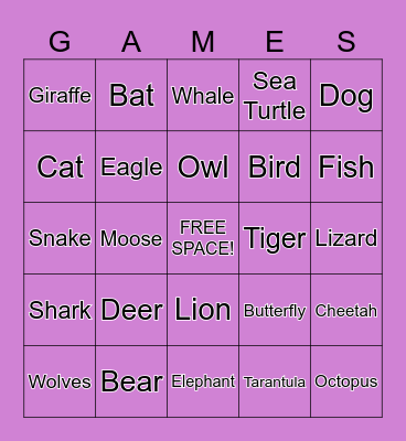 Animal Bingo Card