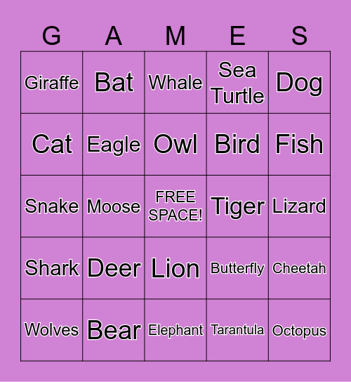 Animal Bingo Card