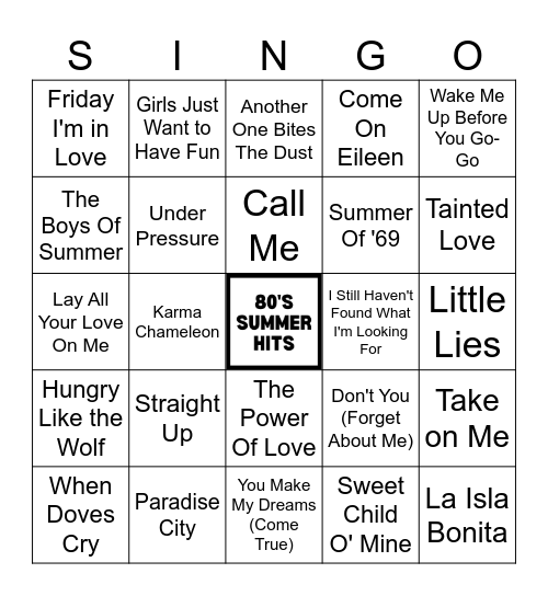 80's Summer Hits Singo (50 Songs) Bingo Card