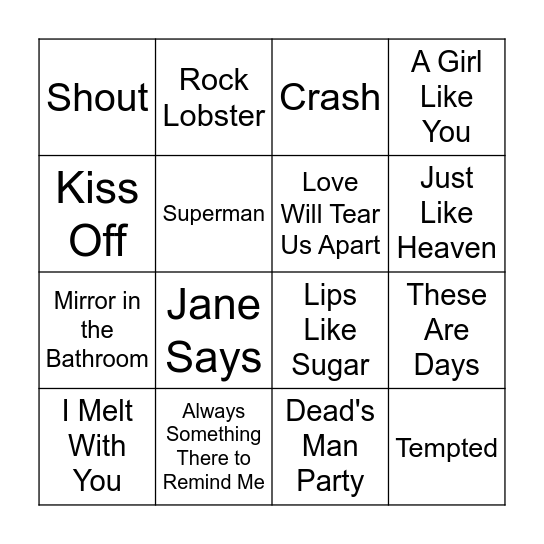 1980's Alternative Bingo Card
