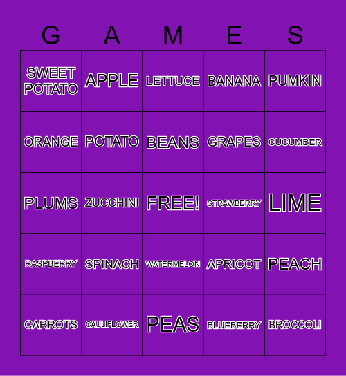 FRUIT / VEG Bingo Card