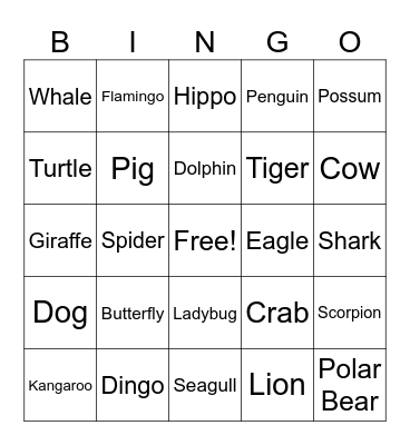 Animal Bingo Card