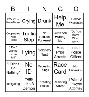 Body Cam Bingo Card