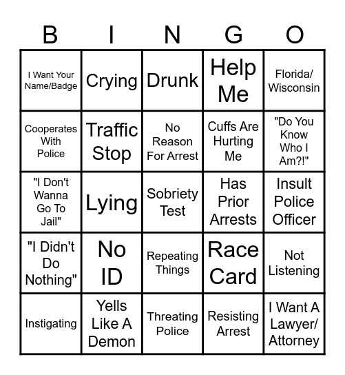 Body Cam Bingo Card