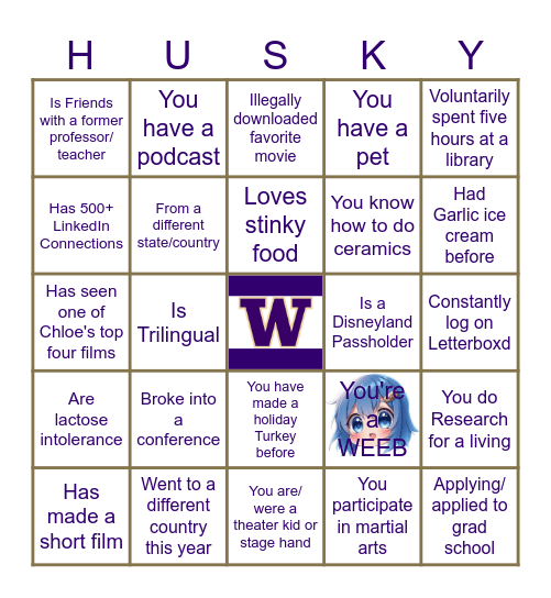 Go (Away) Husky Introduction BINGO Card
