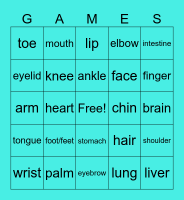 Body part Bingo Card