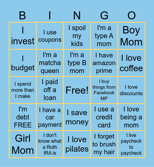 Bingo for MOMS Bingo Card