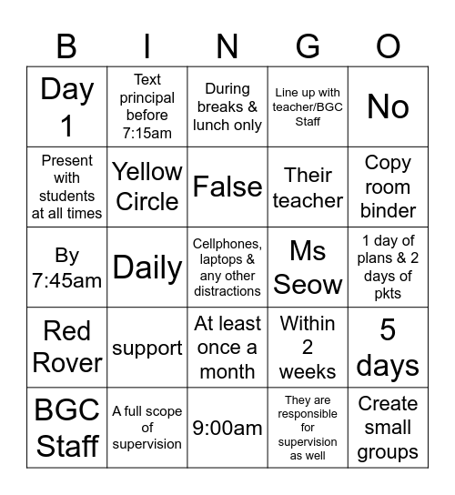 Admin. Expectations Bingo Card