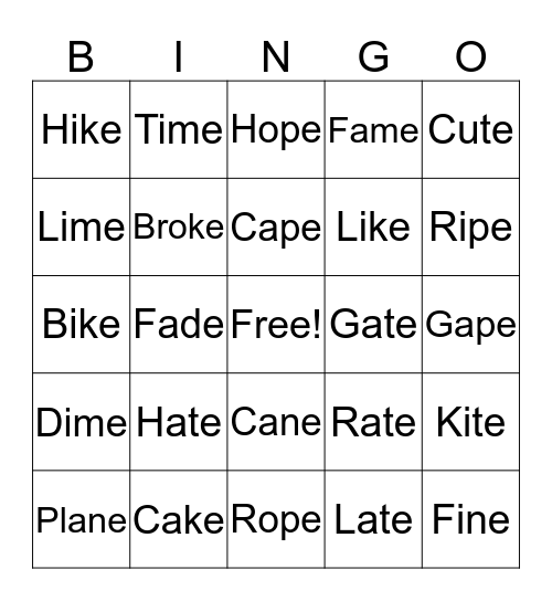 Silent E Bingo Card