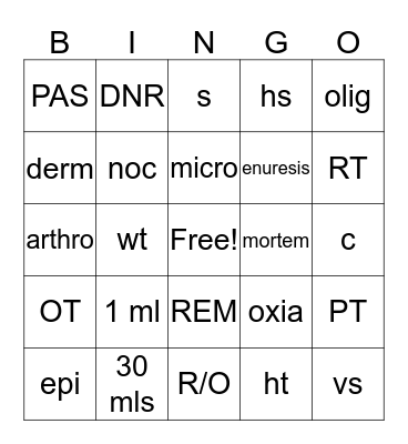 Student Nursing Assistant BINGO Card