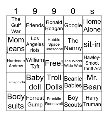 1990s bingo Card