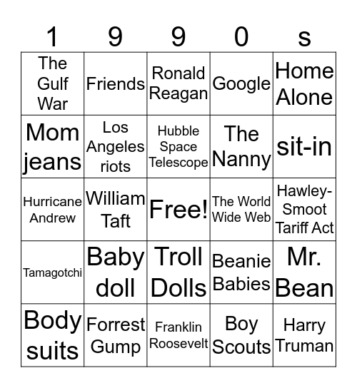 1990s bingo Card