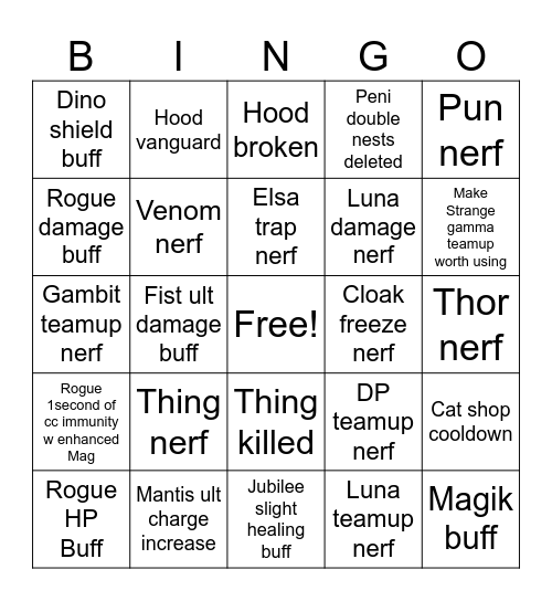 Rivals Bingo Card
