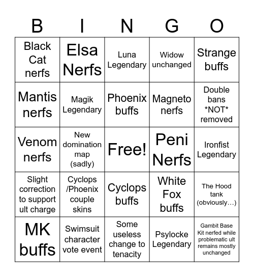 Season 9.5 Patch Notes Balance Bingo Card
