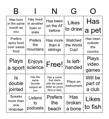 1st Day Icebreaker Bingo Card