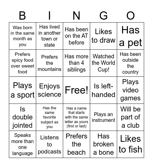1st Day Icebreaker Bingo Card