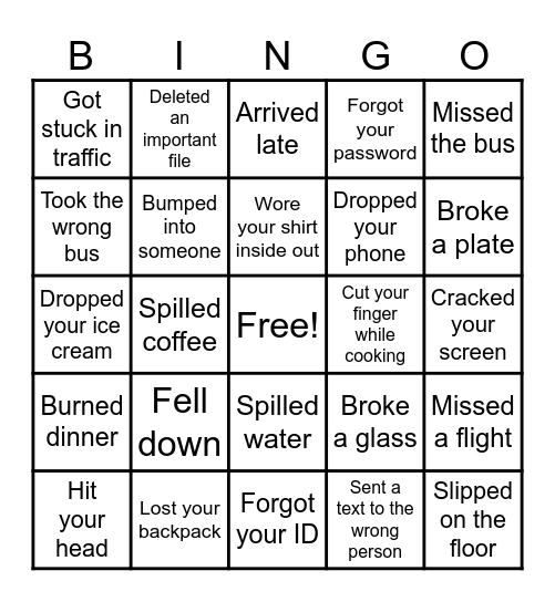 Bad Luck Bingo Card