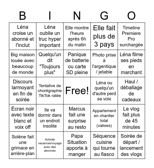 Bingo Vlog d'aout V1 Bingo Card