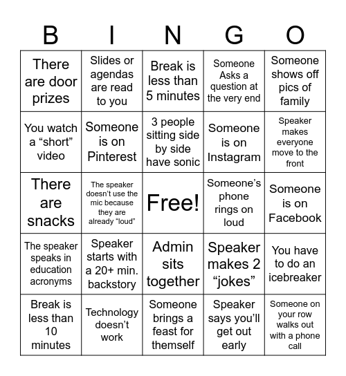 Professional Development Bingo Card