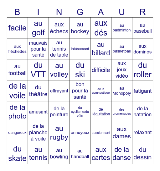 On fait du sport Bingo Card