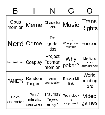 Project Tasman Bingo Card
