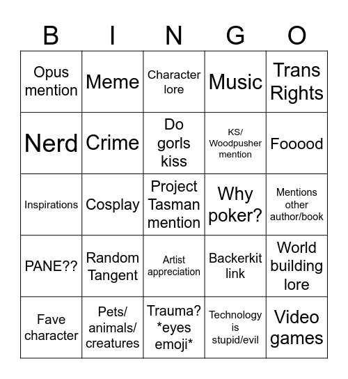 Project Tasman Bingo Card