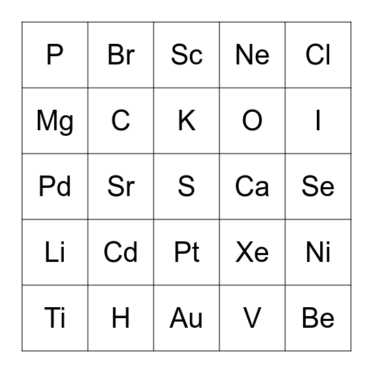 Periodic Table Bingo Card