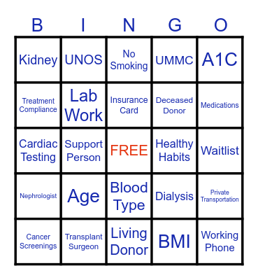 Transplant Bingo Card