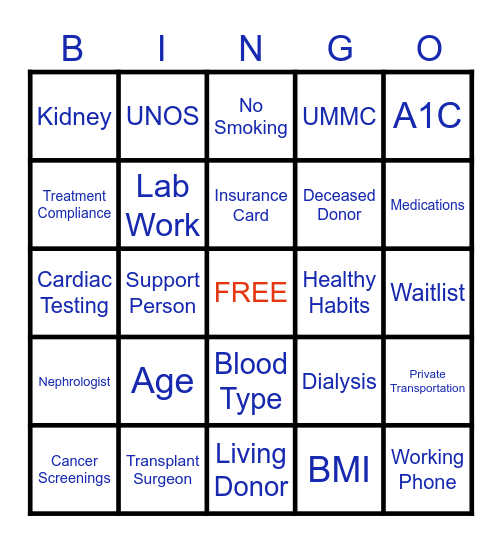 Transplant Bingo Card