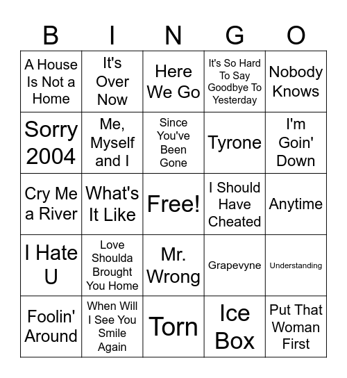 Breakup R&B Mix Bingo Card