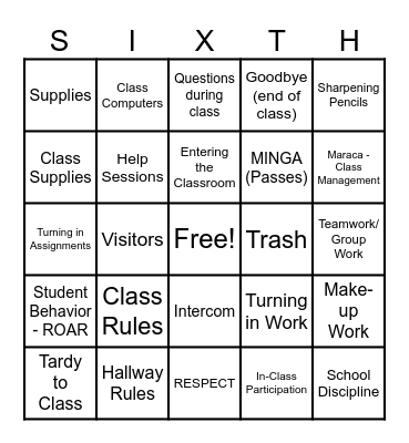 Mrs. Biddy-Lamb's Rules and Procedures Bingo Card