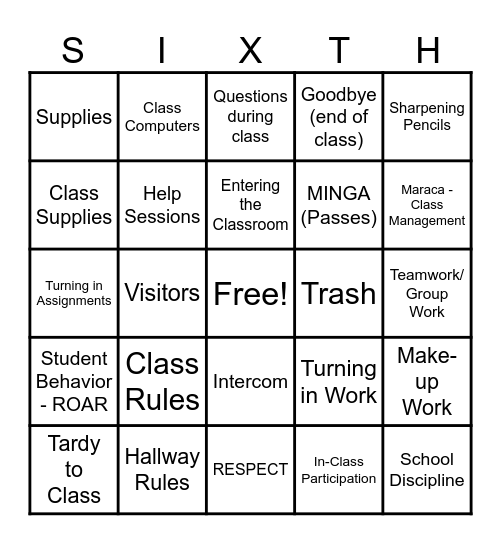Mrs. Biddy-Lamb's Rules and Procedures Bingo Card