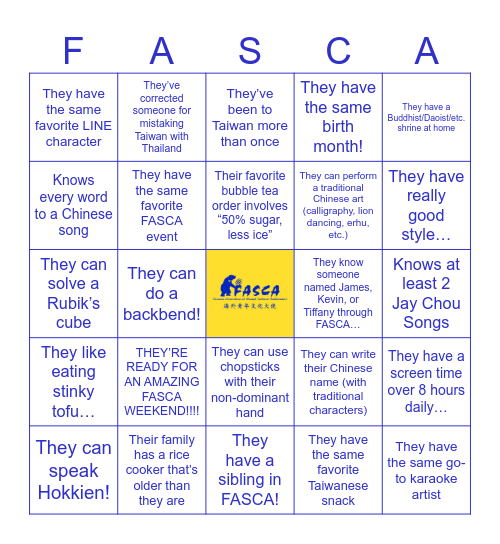 FASCA ORIENTATION BINGO Card